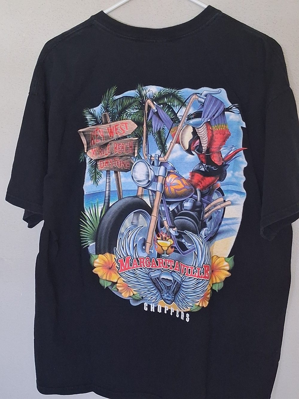 Margaritaville Black Short‑Sleeve Tee with Colorful Biker Parrot Graphic